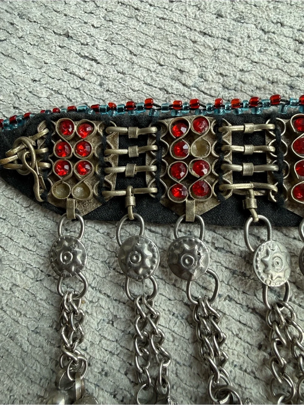 Vintage Afghan Kuchi Tribal Waist Belt Glass Medallions Bells Boho 64”